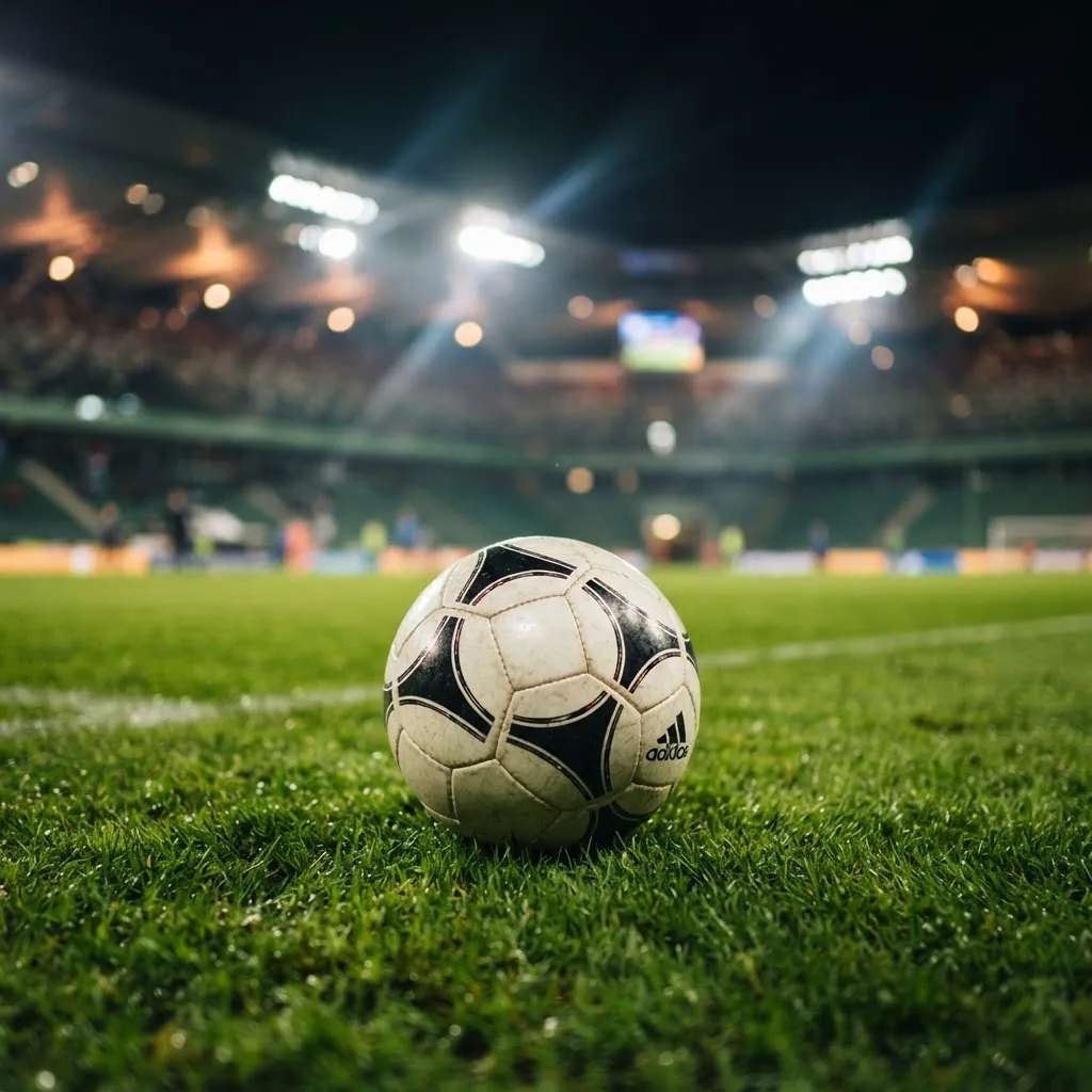 조명이 켜진 경기장 잔디에 놓인 축구공